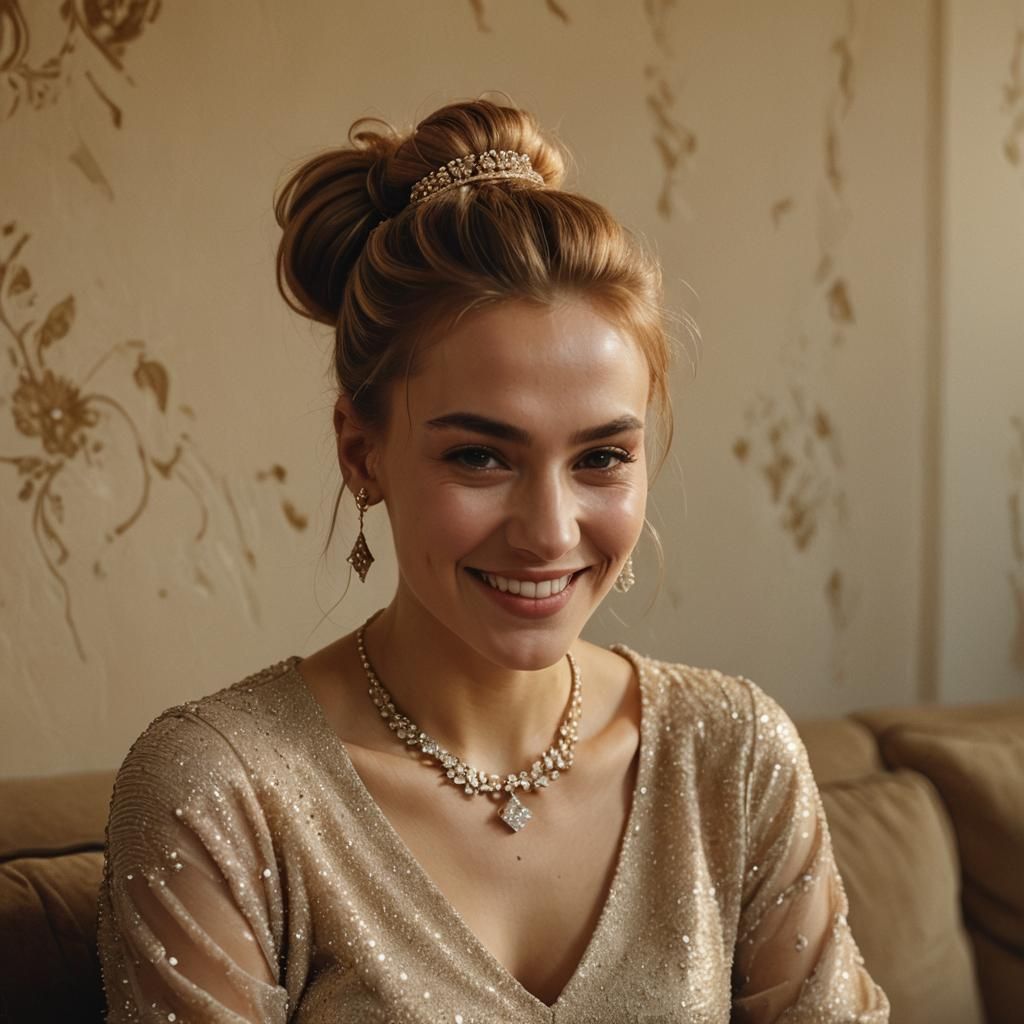 Ukranian Girl Smiling on Sofa in Cinematic Lighting