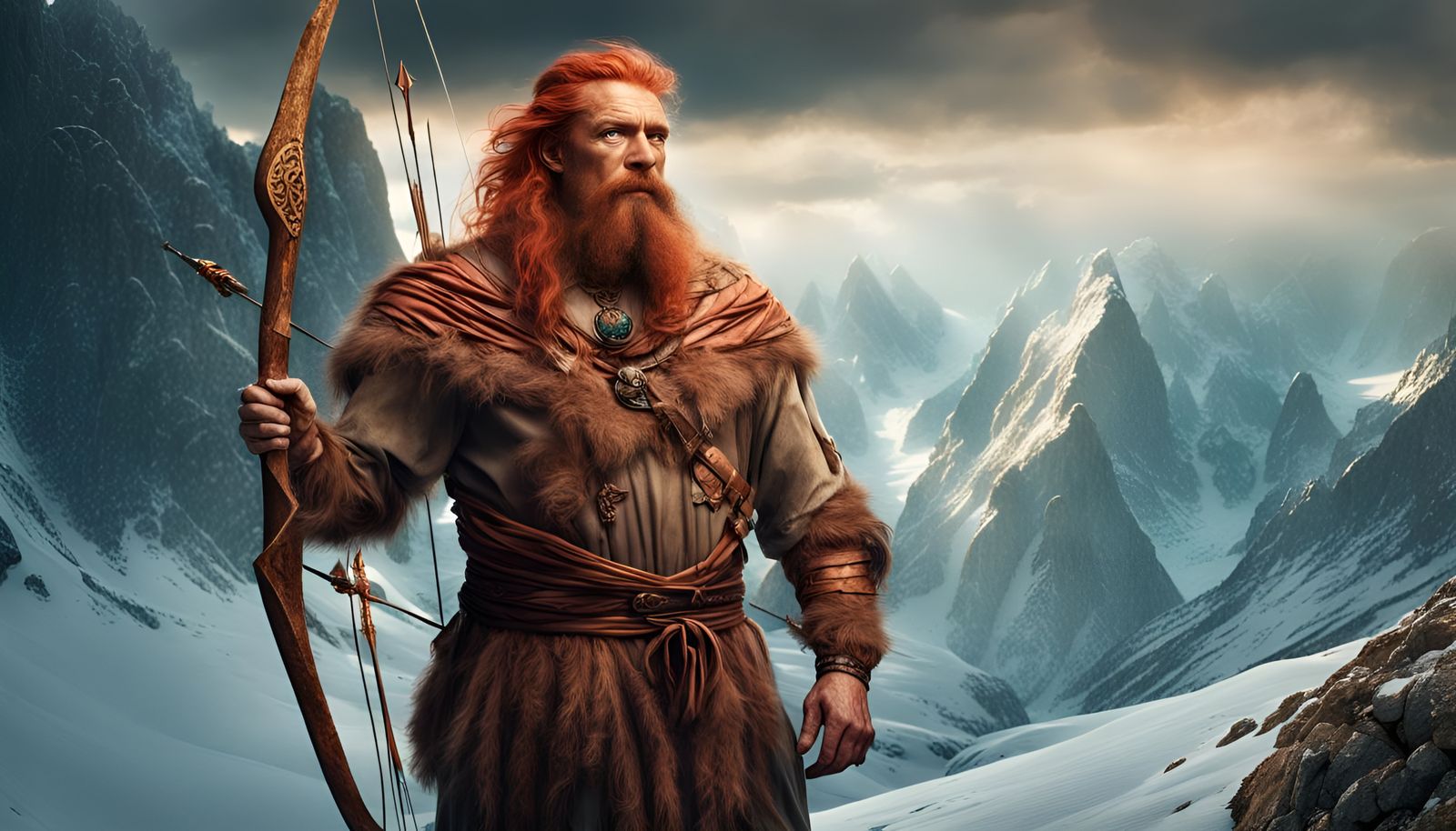 H.R. ginger style super focused and clear photograph of Özti the so called iceman of copper age, with copper age dress w...