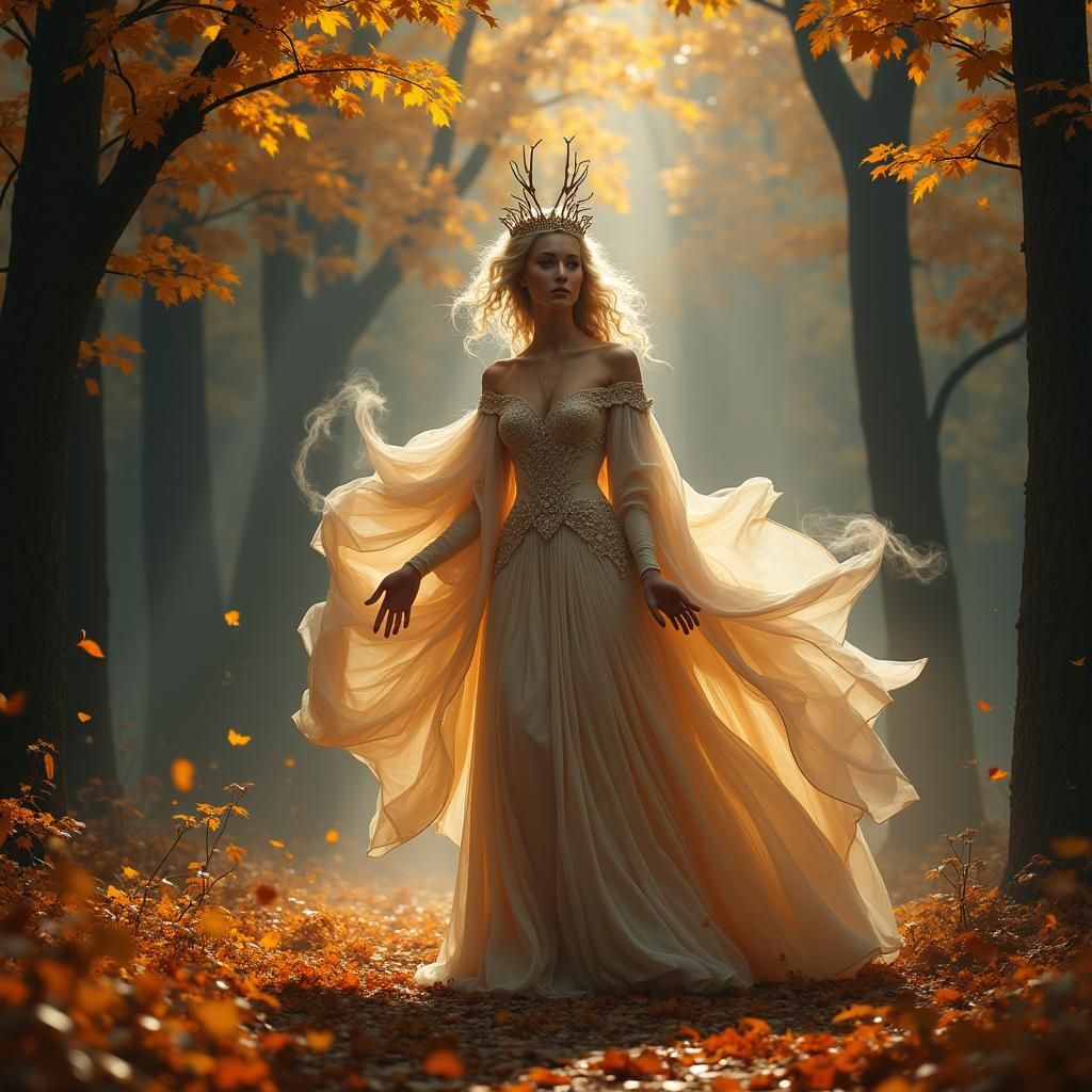 Autumn Goddess on Forest Path in Dreamlike Style
