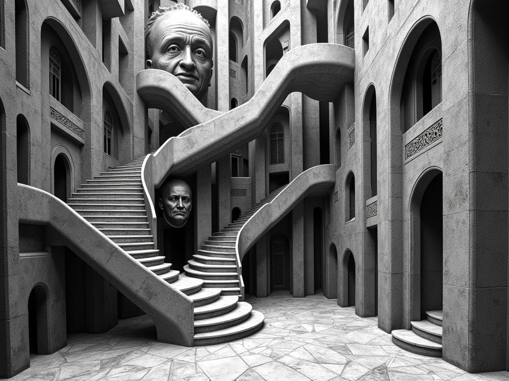 Escher-Inspired Metropolis with Klimt Staircase in Geometric...