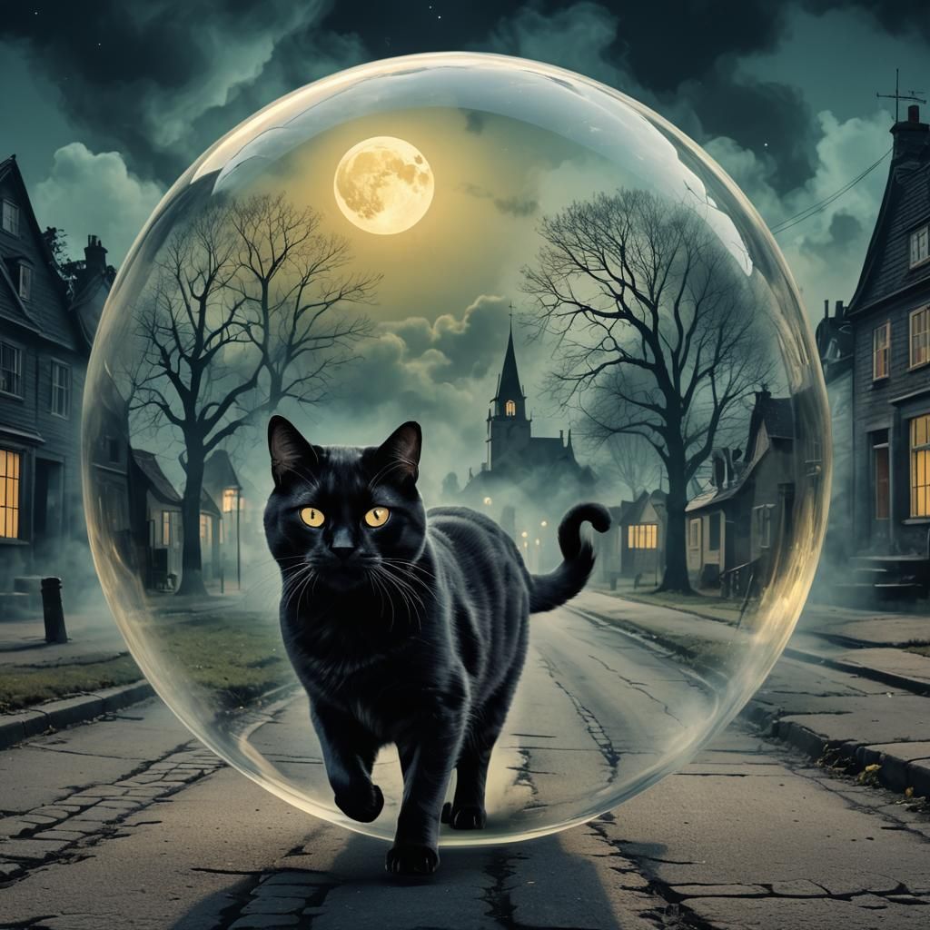 Black Cat Crossing Smoky Street in Glass Orb