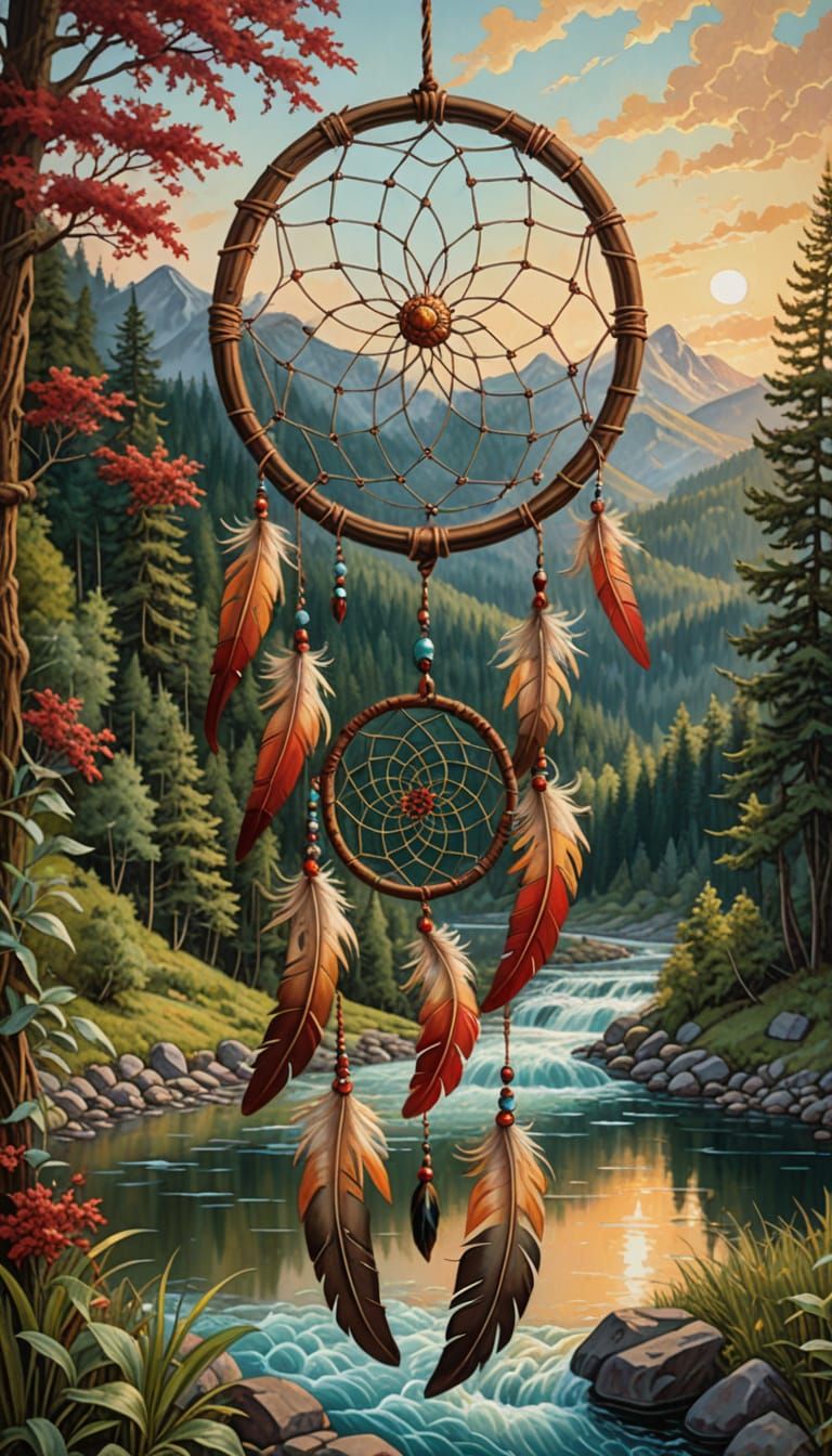 Ornate Dreamcatcher Over River in Art Nouveau Style