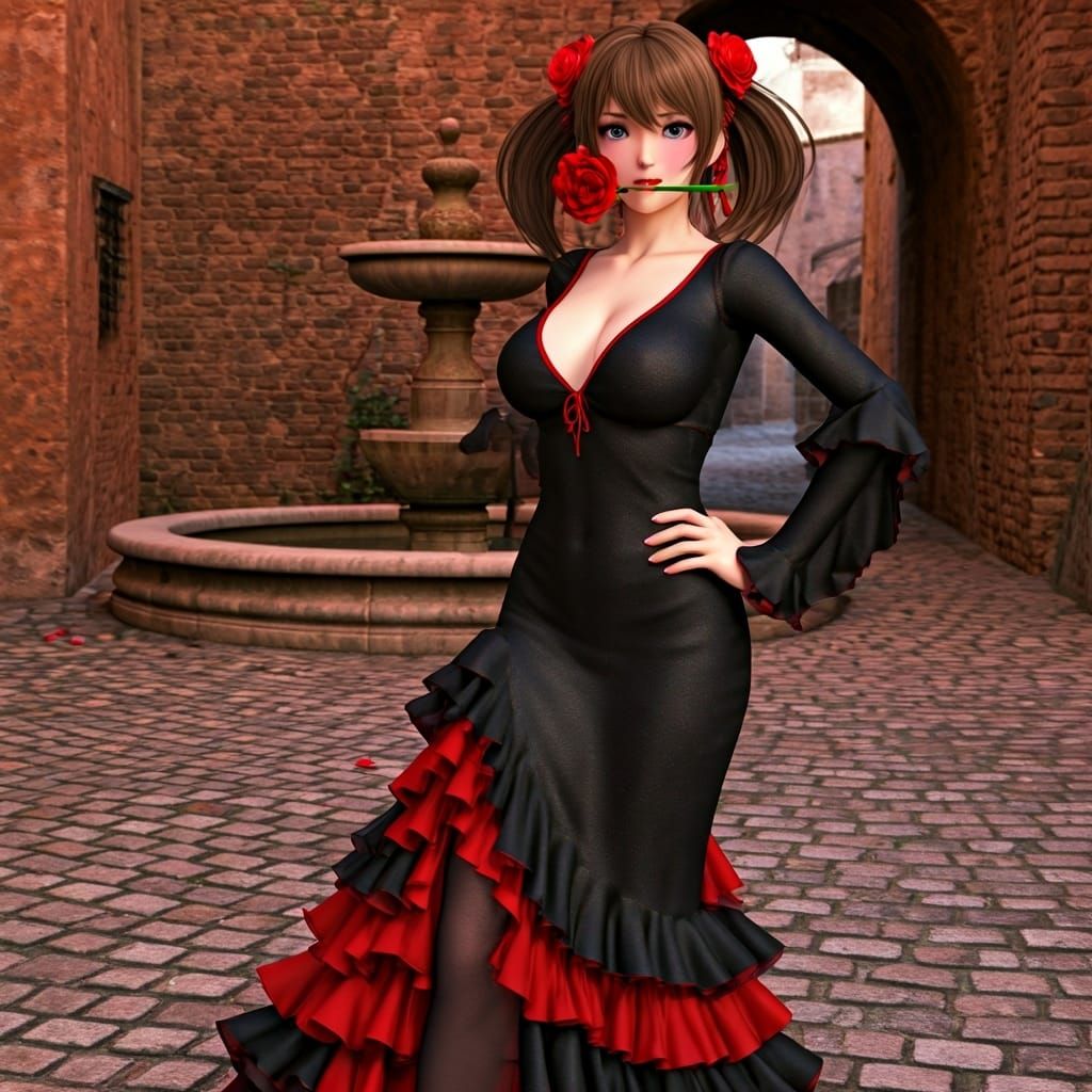 Anime Lady in Red Dress with Rose, Masterpiece Quality