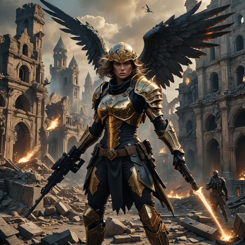 Fantasy Soldier Battles Angel in War-Torn City