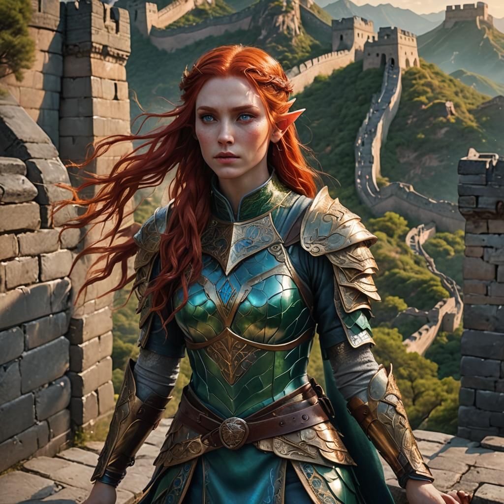 Elf Girl with Red Hair on Great Wall