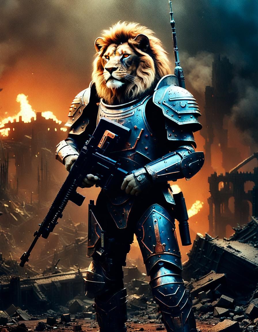 Armored Lion Warrior on Dystopian Planet