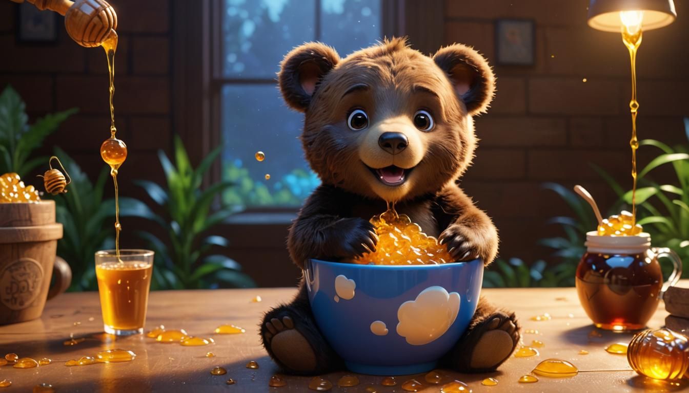 Bear Cub's Honey Feast: 3D Digital Art
