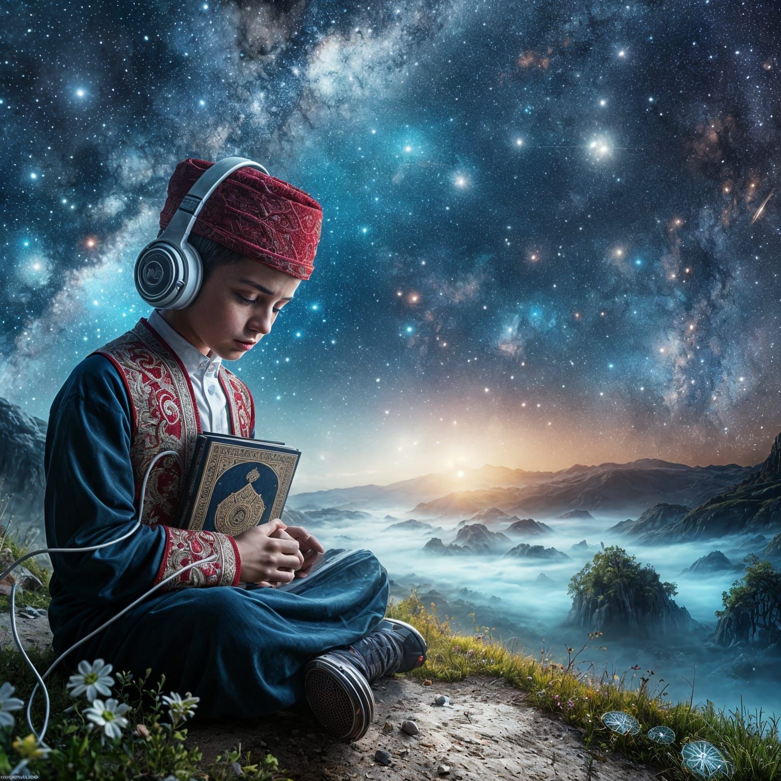Boy Listening to Quran Under Starry Sky