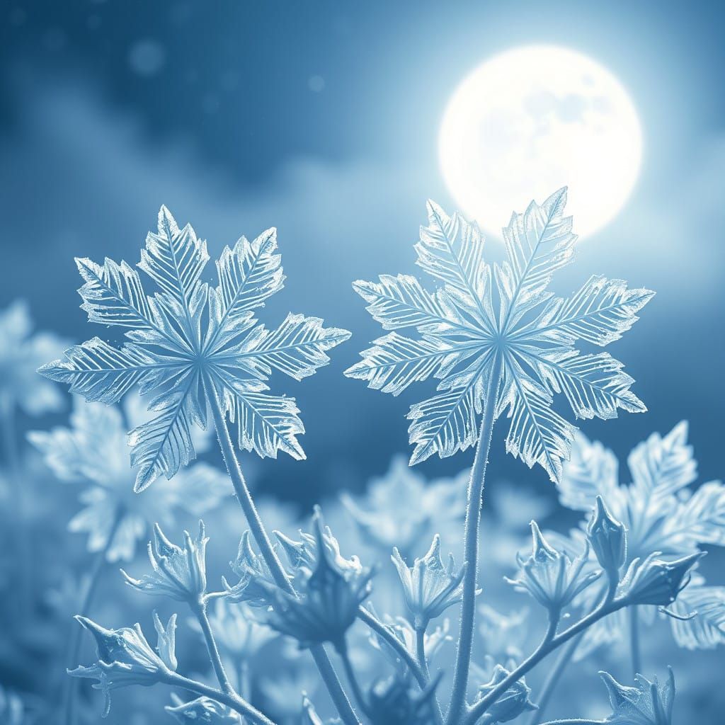 Ethereal Snowflakes Bloom in a Serene Moonlit Garden