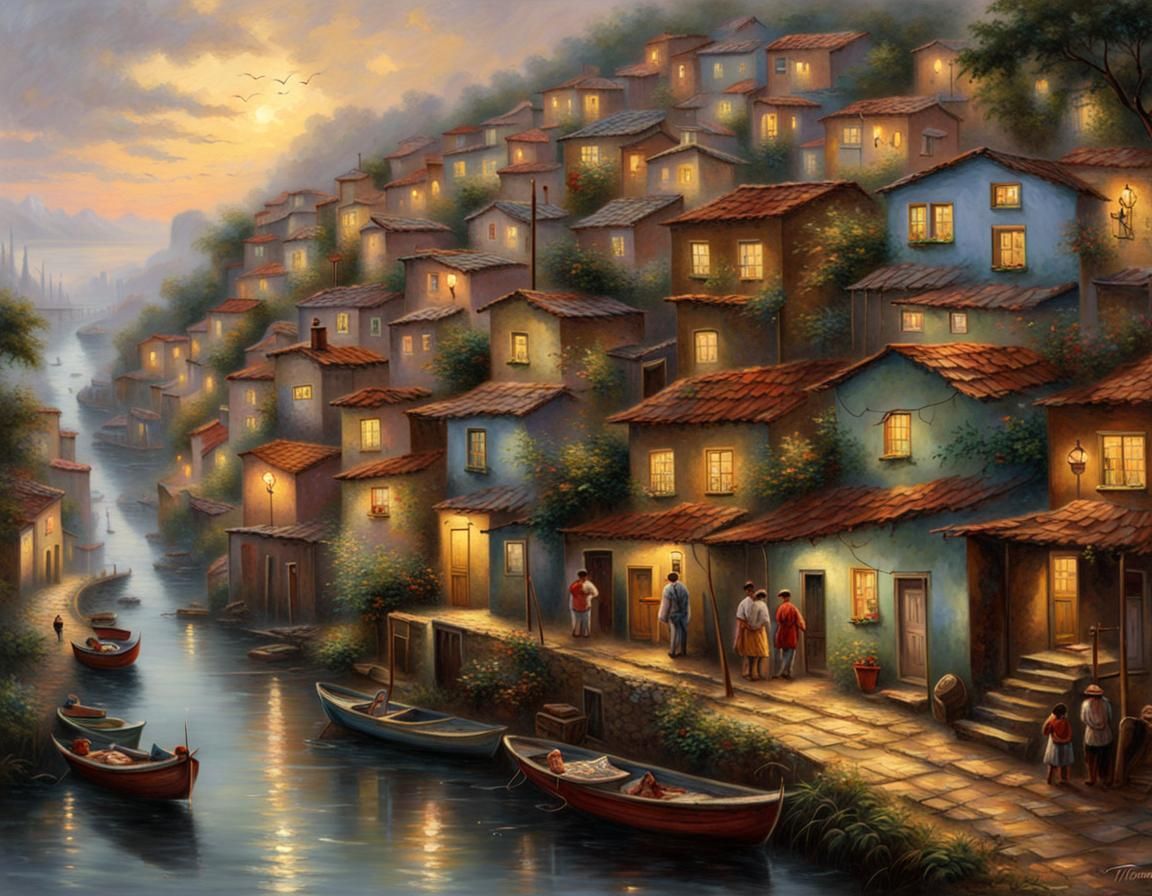 Brazilian Favela in Kinkade-Inspired Luminous Style