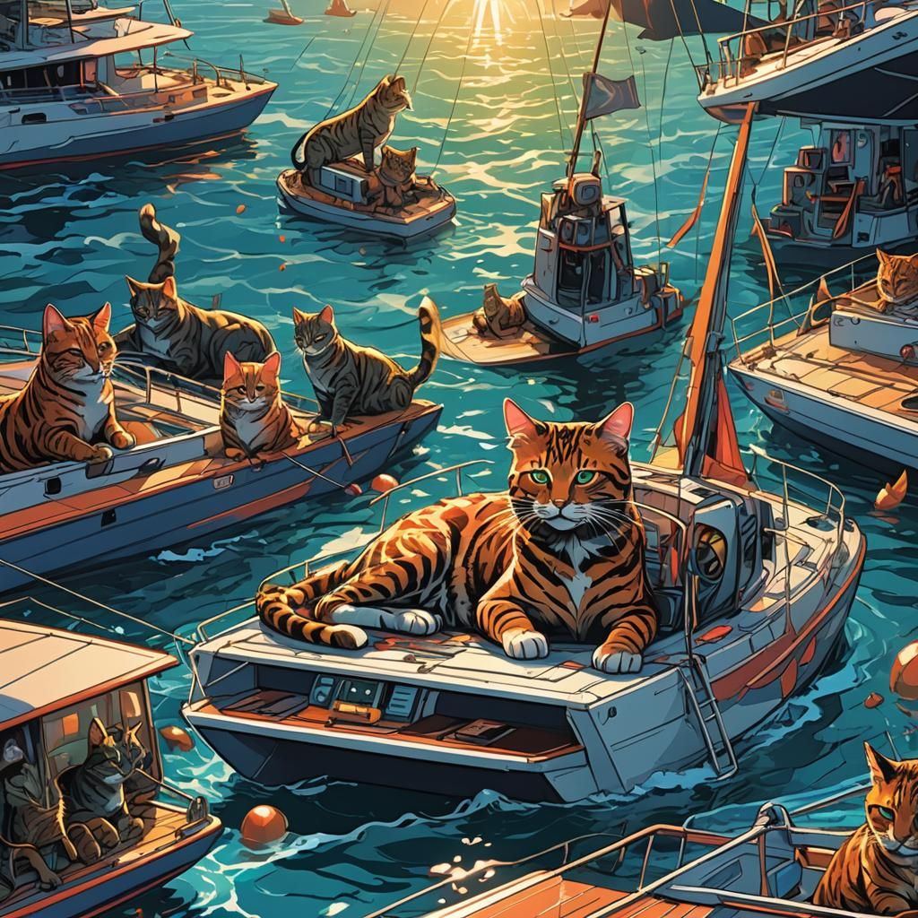 Cats Lounging on Catamaran in Digital Art Style