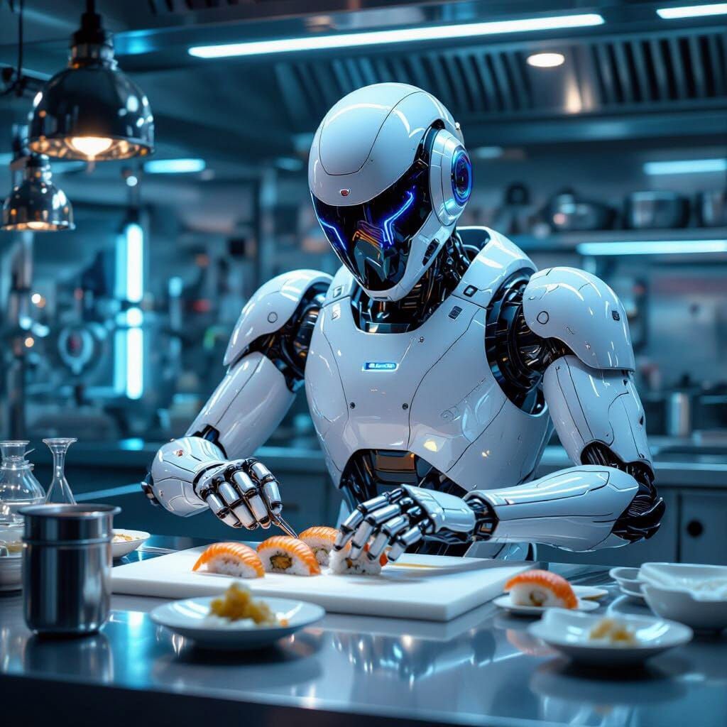 Futuristic Robot Sushi Chef in Cyberpunk Kitchen