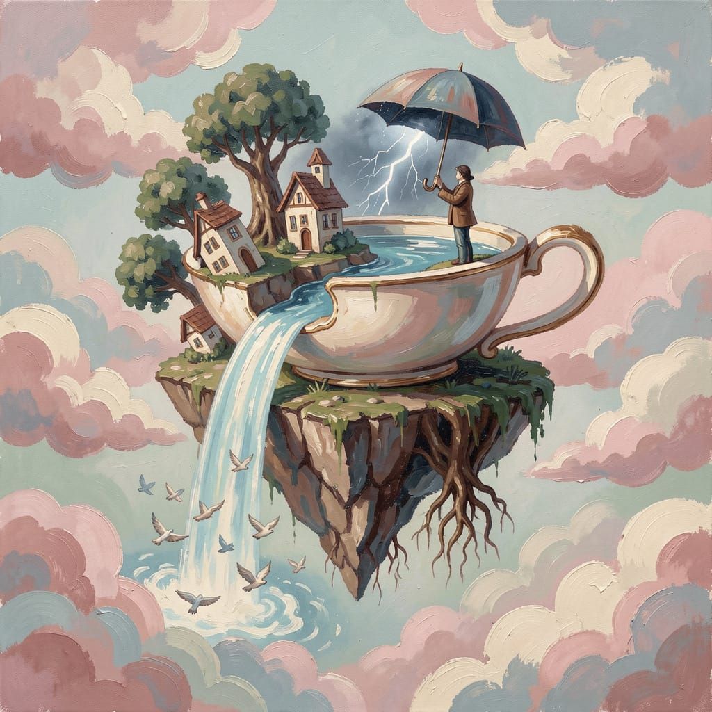 Surreal Teacup Island with Light Waterfall in Gouache