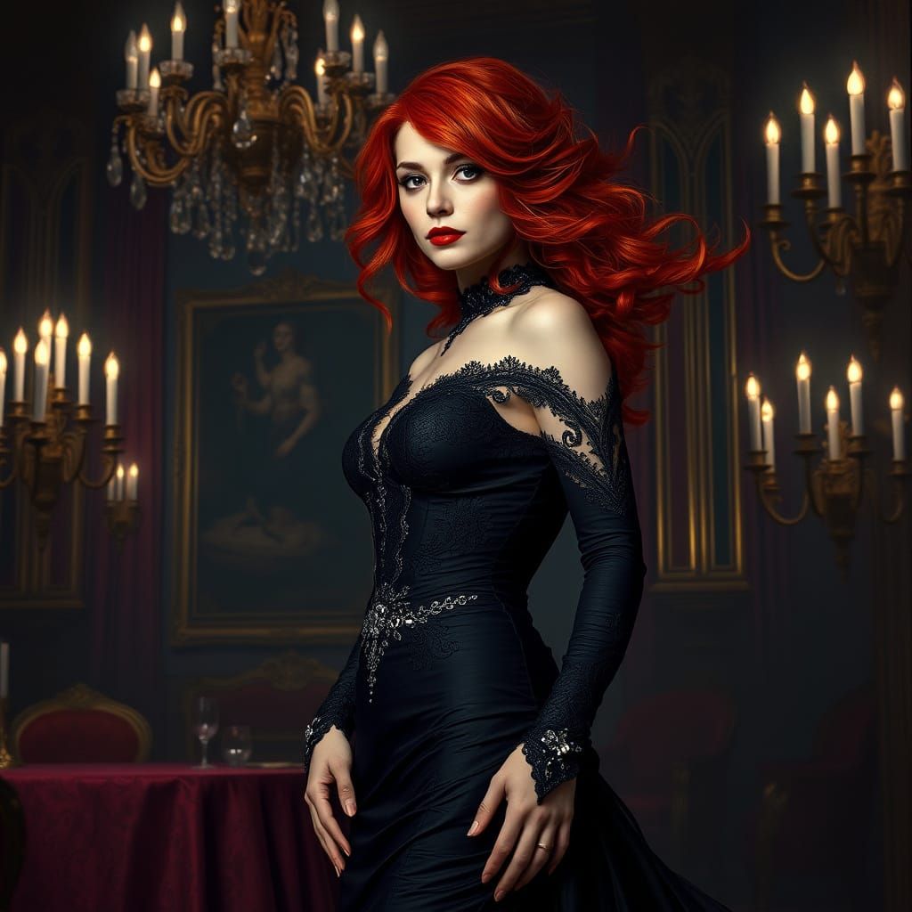 Redhead Woman in Goth Gown in Victorian Ballroom