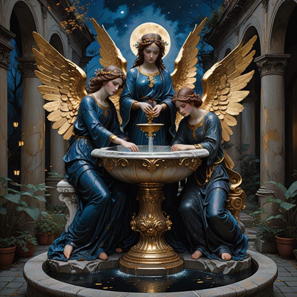 Moonlit Marble Courtyard with Luminous Ink Fountain