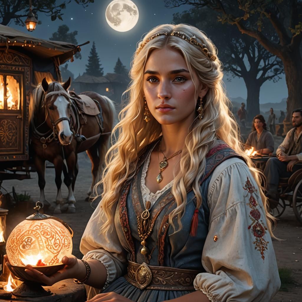 Moonlit Gypsy Camp Portrait in Art Nouveau Style