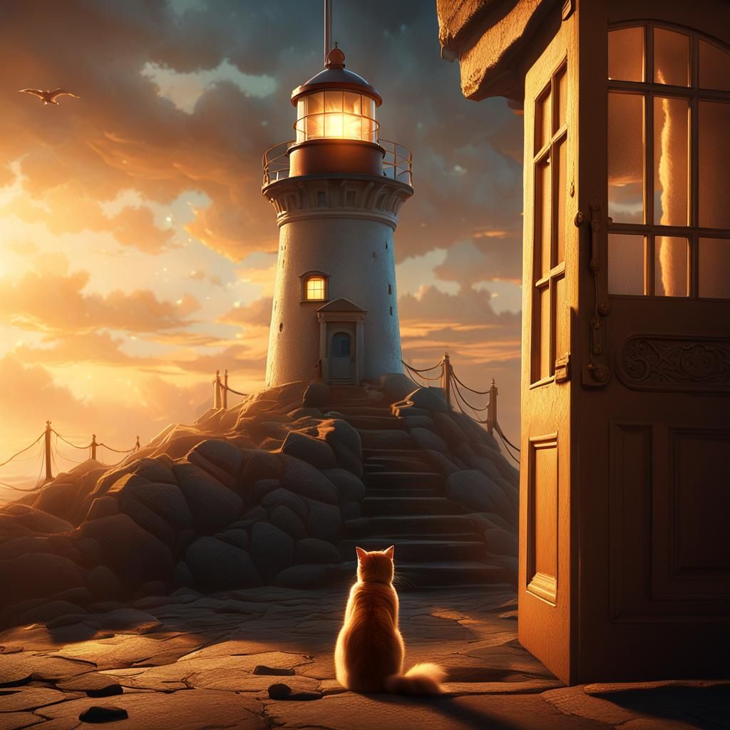 Cat in Lighthouse Doorway: Cinematic Digital Painting
