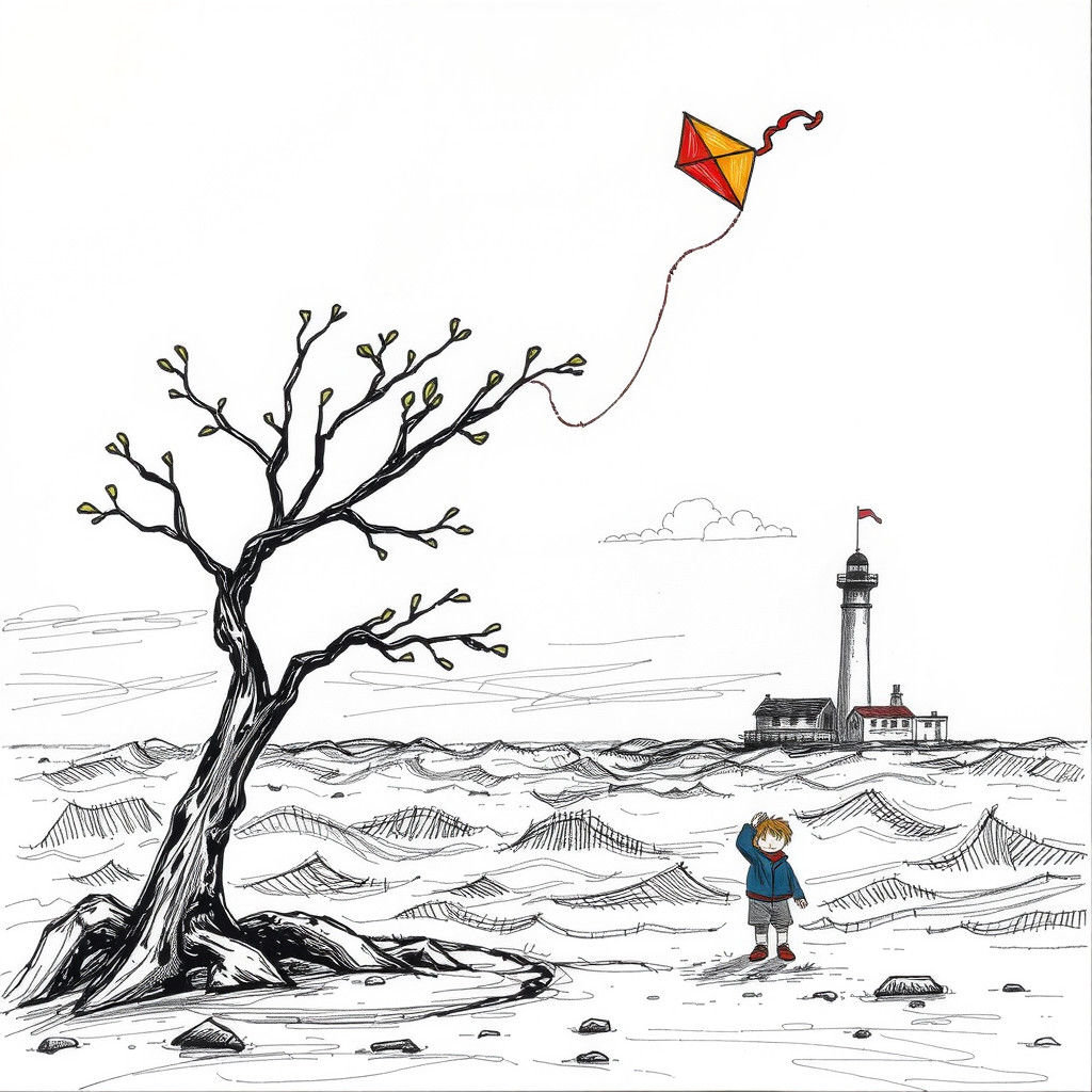 Stormy Seascape Doodle: Child with Kite and Lighthouse