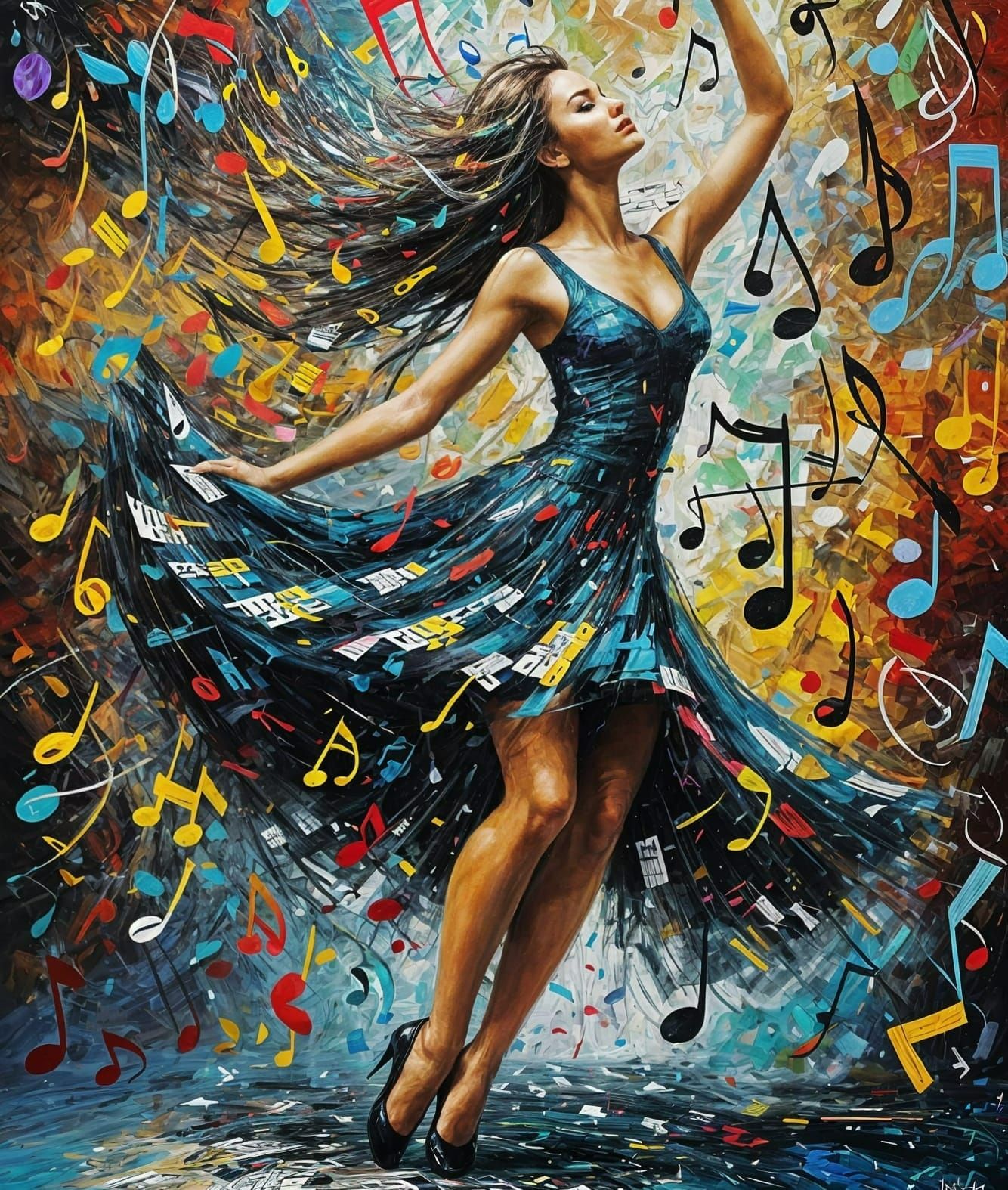 Dancing Girl Made of Music Notes in Oil