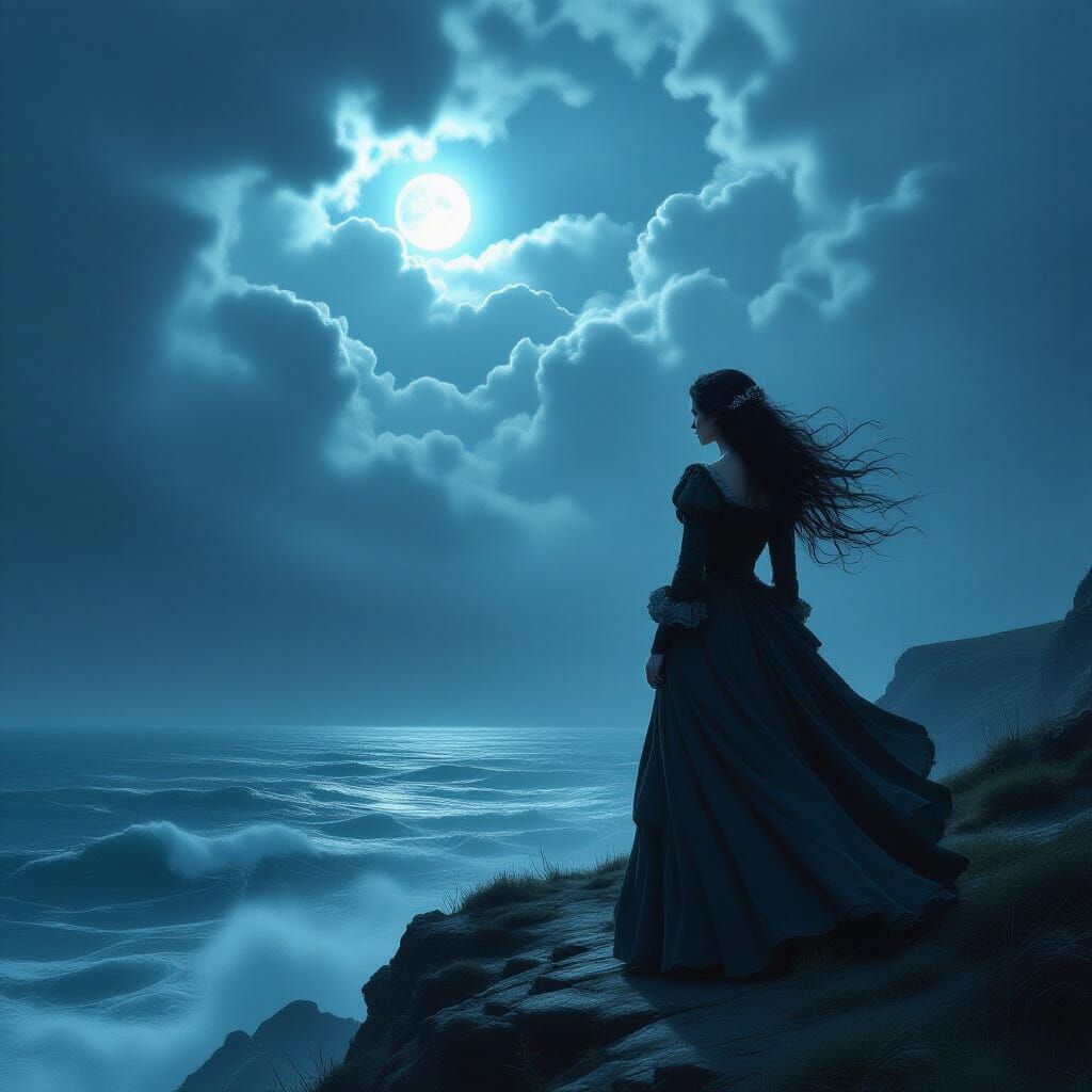 Ethereal Woman on Cliff Overlooking Stormy Sea