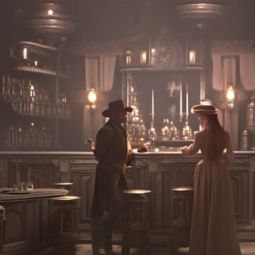 Cowboy and Cowgirl in a Wild West Tavern