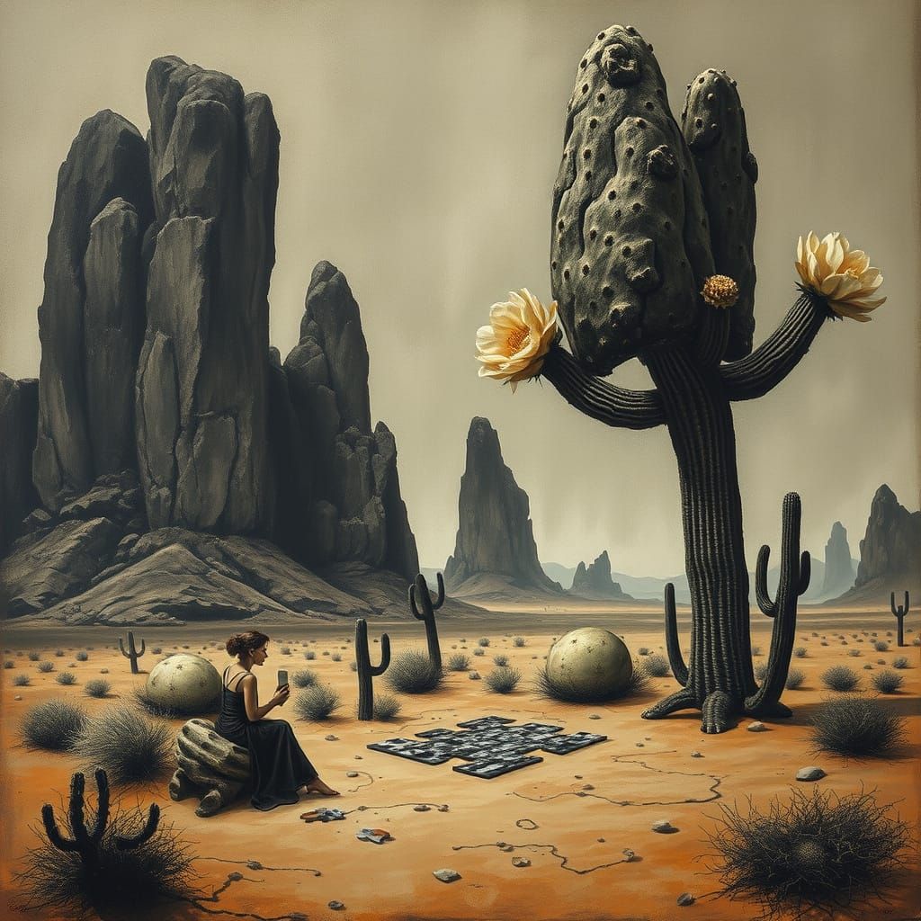 Surreal Desert Puzzle in Charcoal Drawing Style