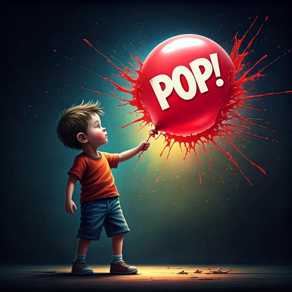 A Little boy's red balloon has burst the word "POP!" Comes f...