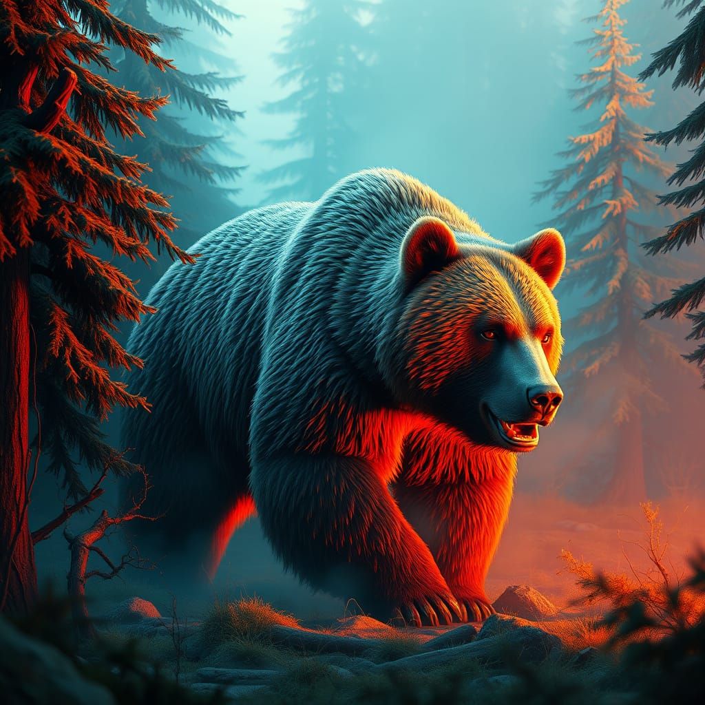 Surreal Bear Emerges from Misty Forest in Vibrant, Triadic C...
