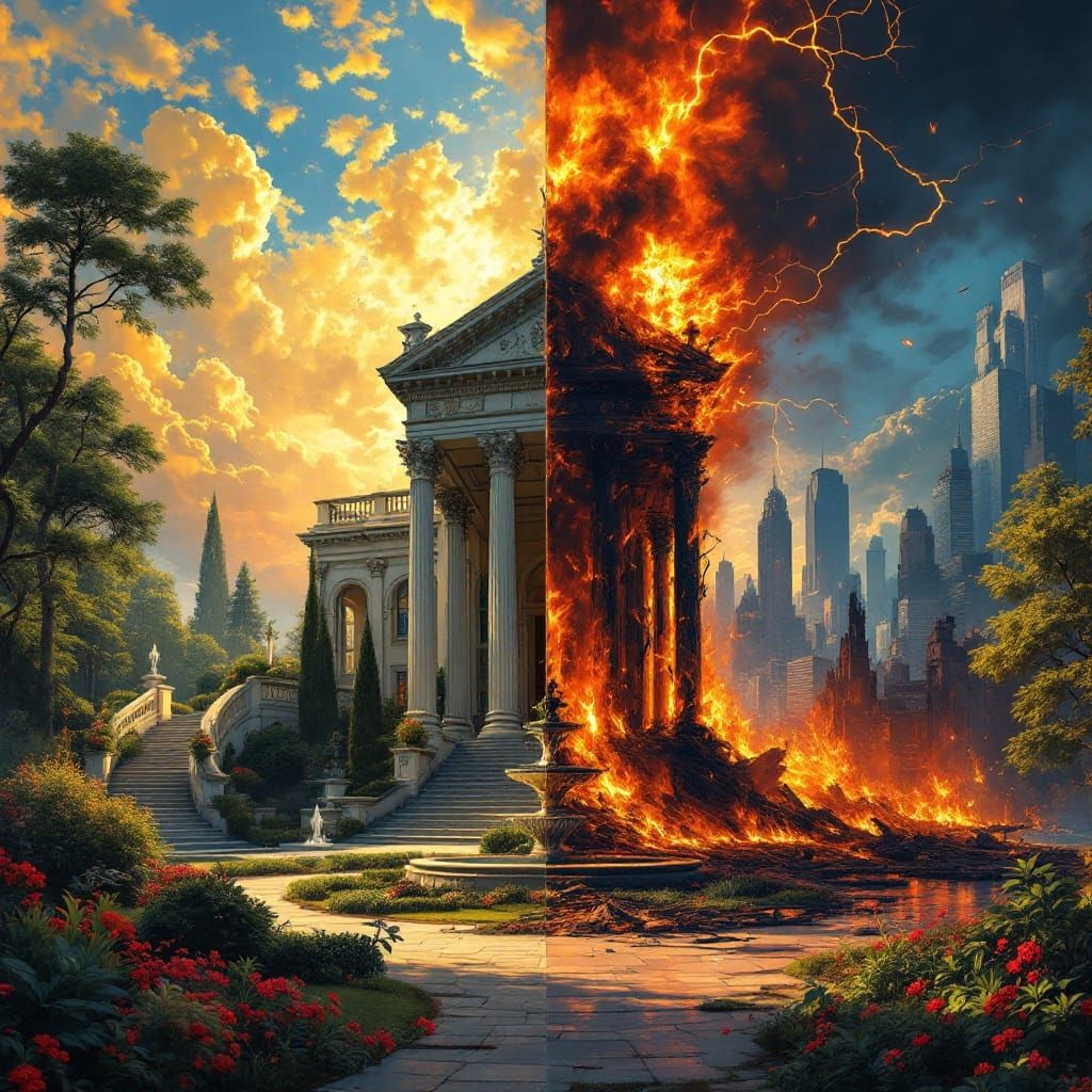 Contrasting Worlds: Tranquility Meets Apocalyptic Inferno