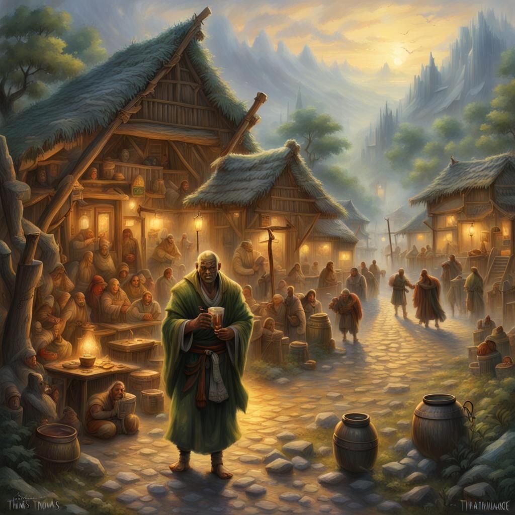Half-Orc Monk in Crowded Street, Ethereal Fantasy