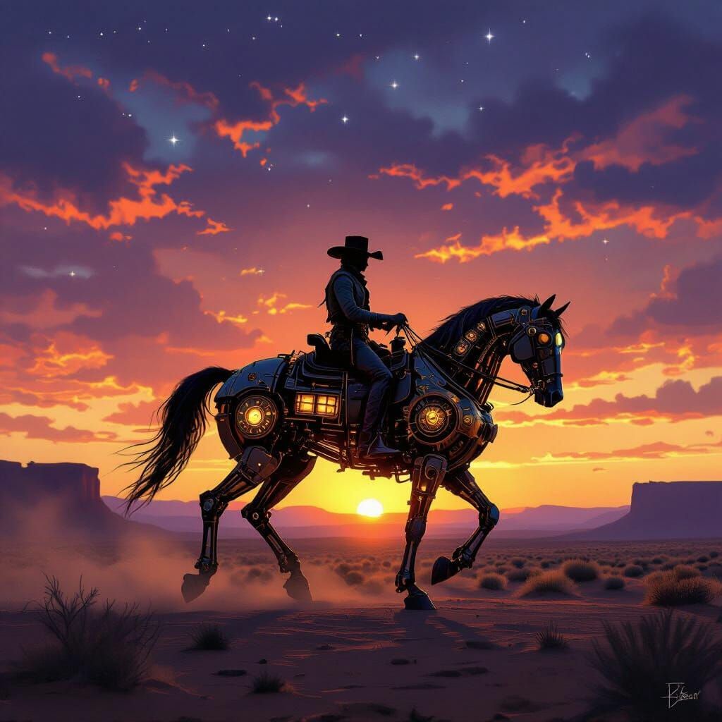 Steampunk Cowboy Rides Clockwork Horse at Desert Sunset