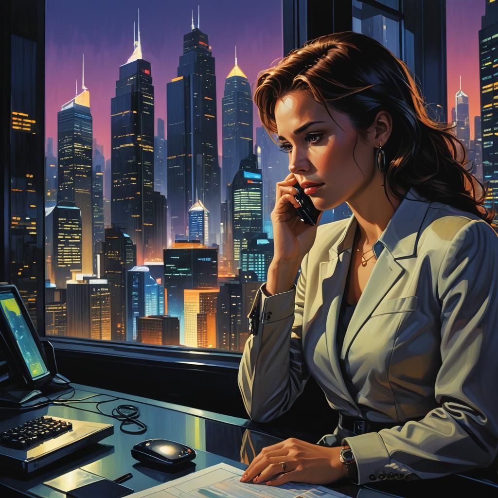 Worried Woman in Modern Office: Matte Painting