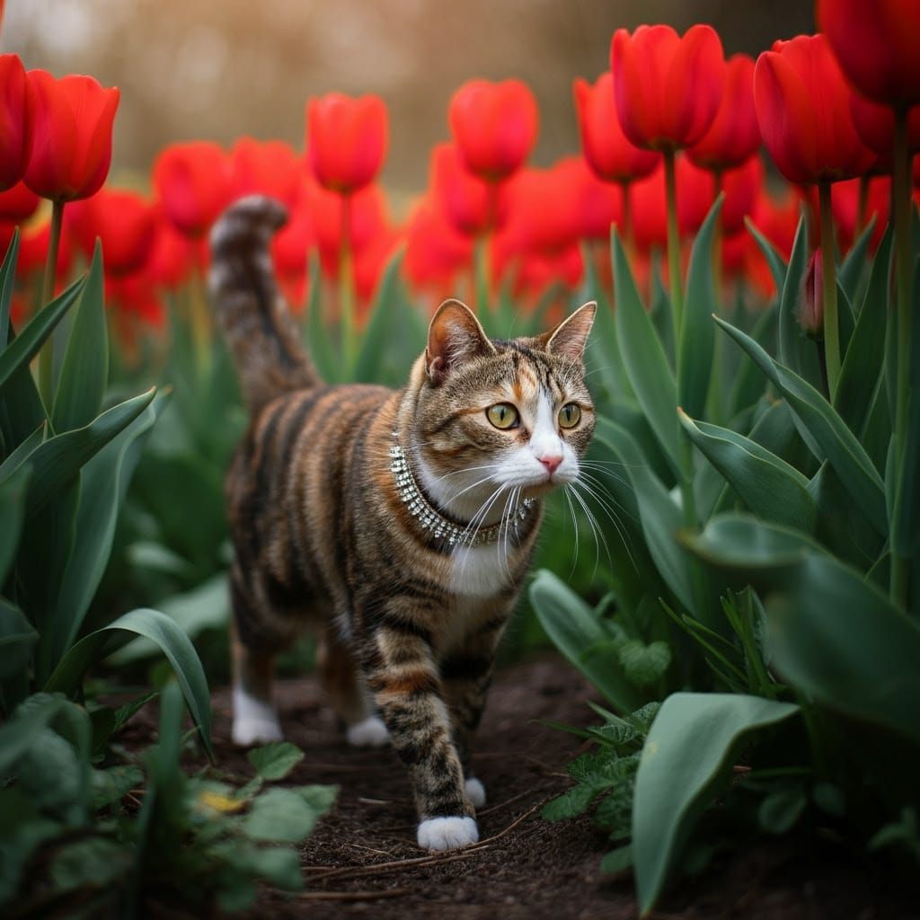 Tortoiseshell Cat in a Hyperrealistic Tulip Garden