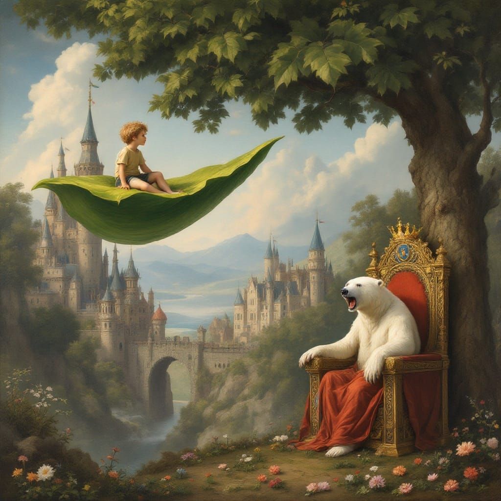 Boy on Floating Leaf: Surreal Dürer-Style Image