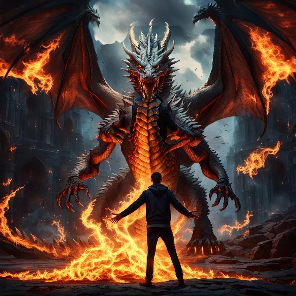 Epic Dark Fantasy Dragon Silhouette in Infernal Flames