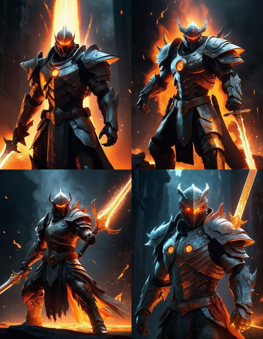 Dark Fantasy Warrior Wields Blazing Sword of Fire