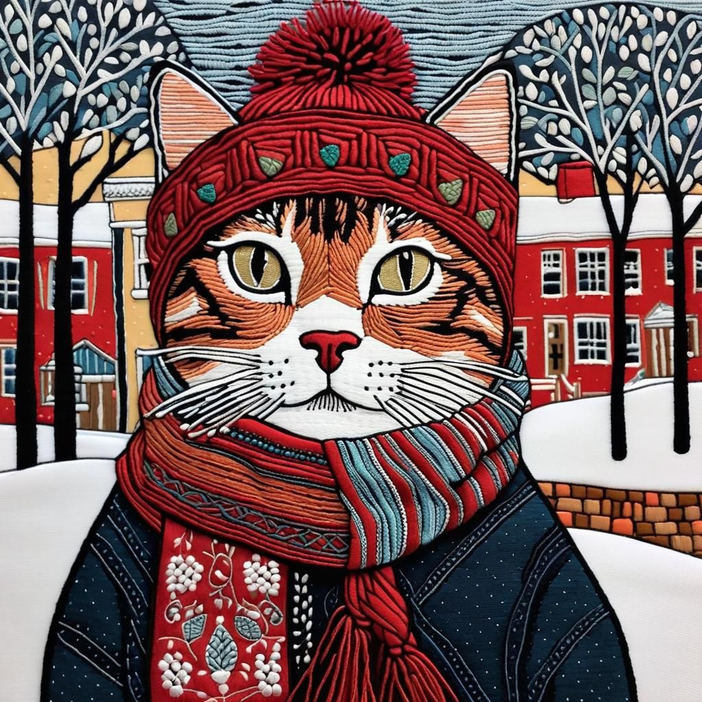 Whimsical Embroidered Cat in Winter Scarf