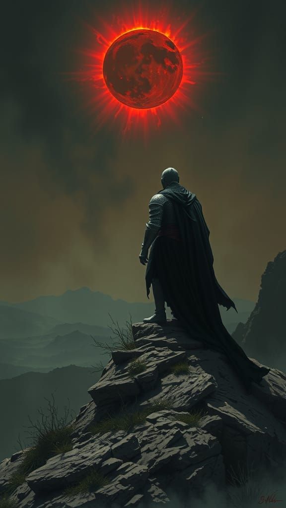Ominous Knight Under Dark Red Sun Eclipse