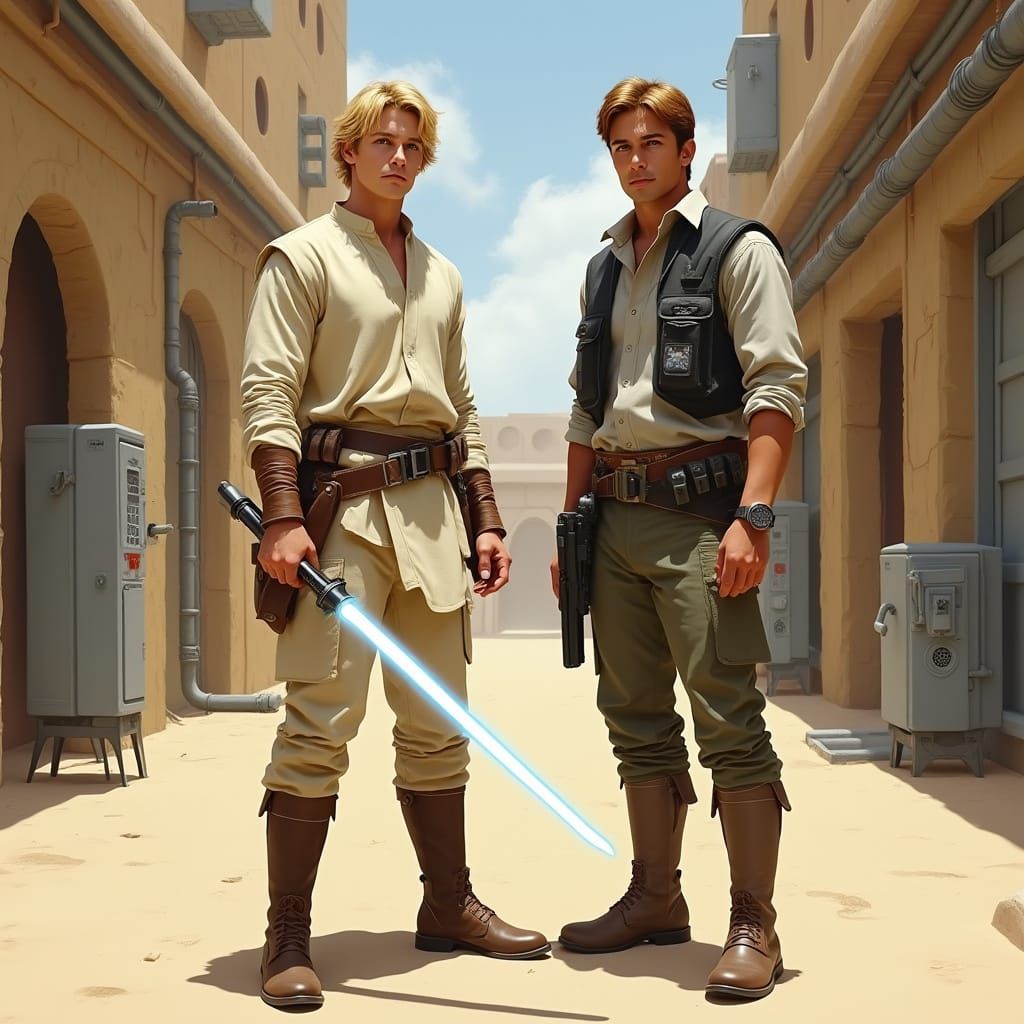 Sci-Fi Scene with Lightsaber and Blaster, Syd Mead Style