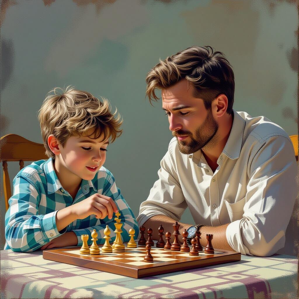 Boy's Triumphant Chess Move in Matte Painting Style