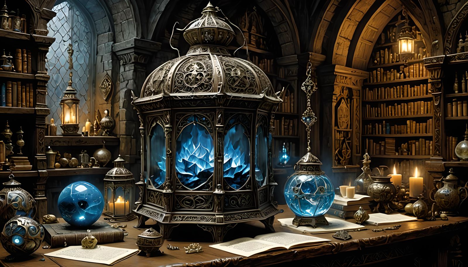 Intricate Medieval Lantern with Magical Blue Flame