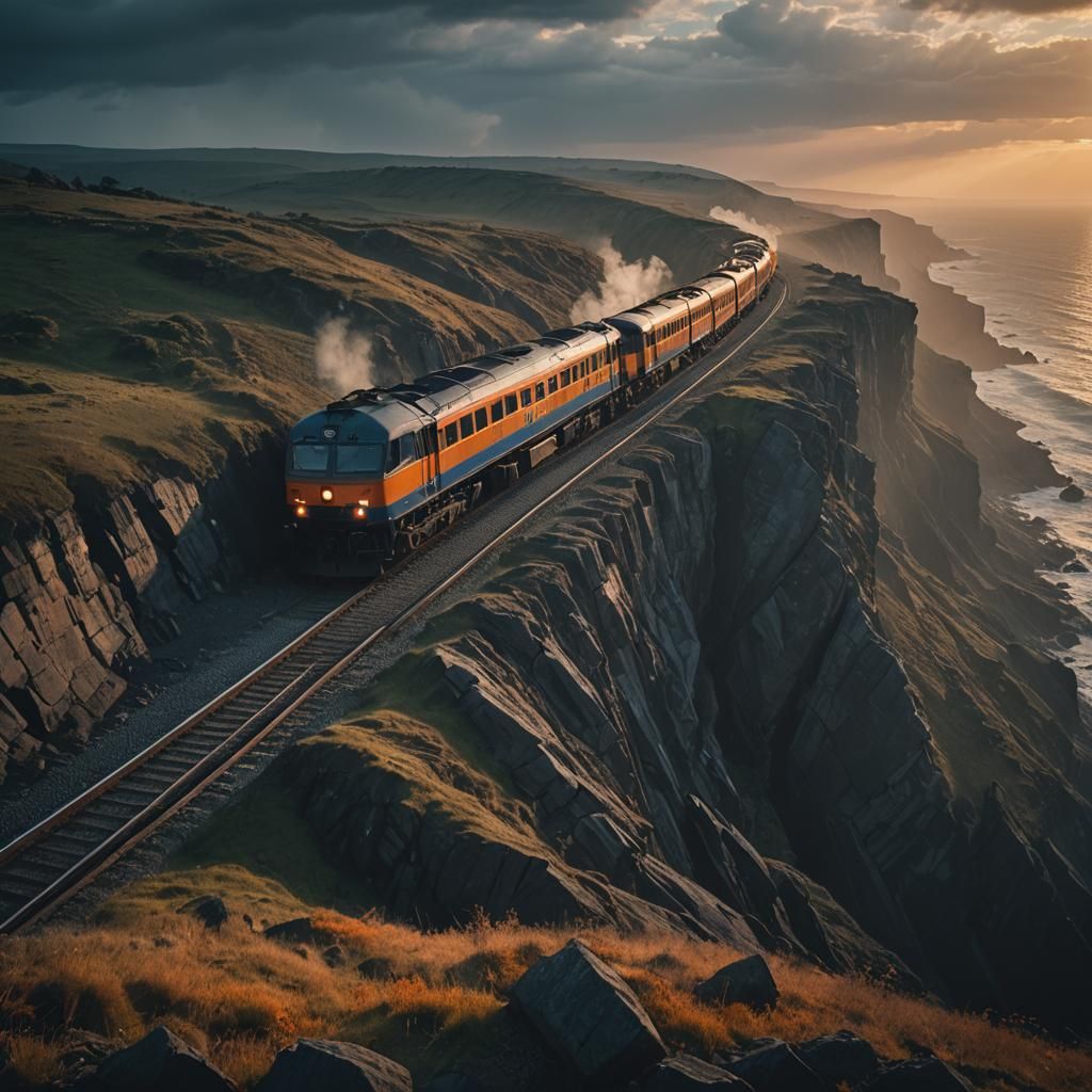 Train on Cliffside in Cinematic Sunset