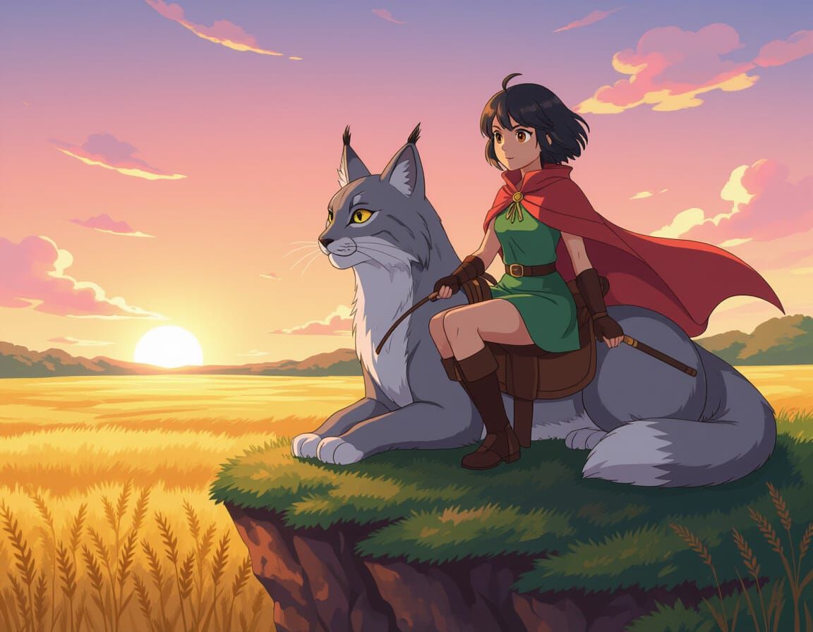 Young Huntress and Lynx Watching Sunrise, Anime Style