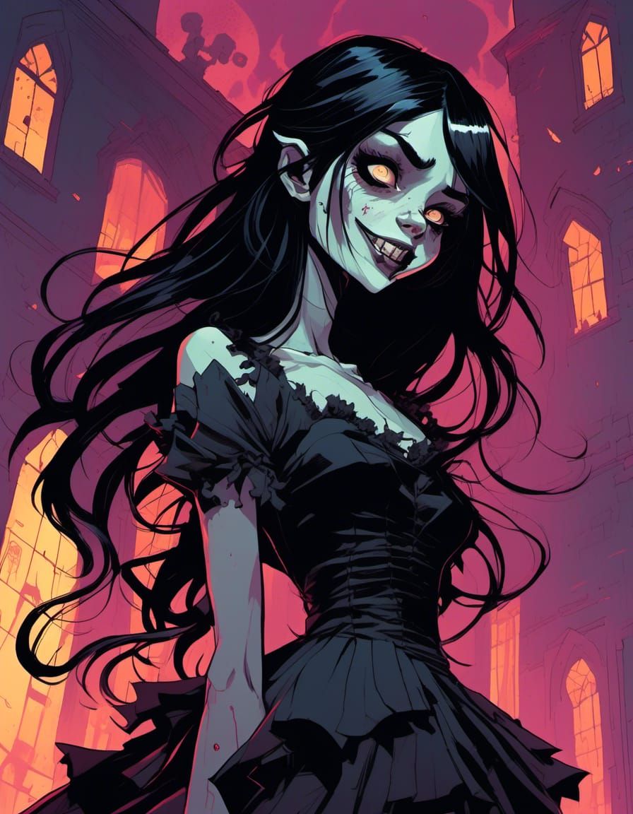 Gothic Ghoul Fashionista in Haunted Hallway