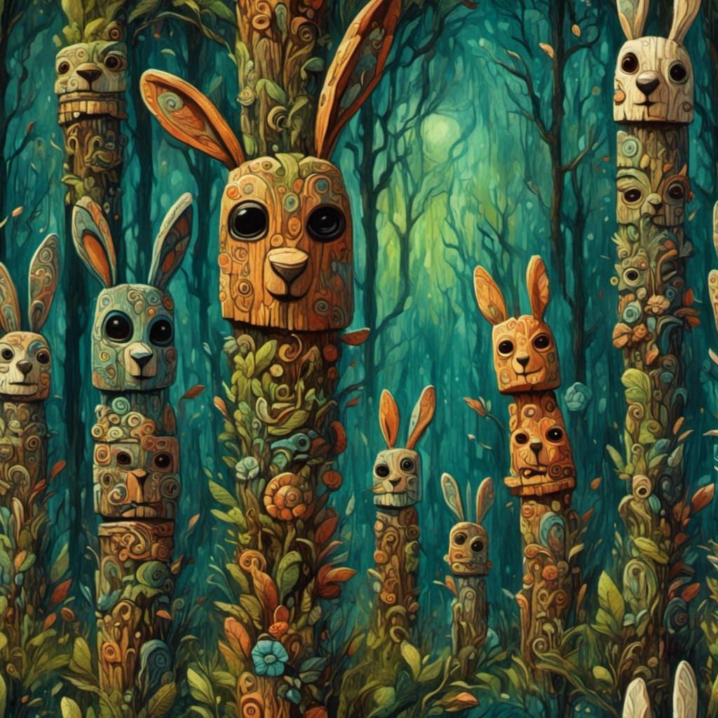 Mystical Forest Totems with Pagan Bunny Heads