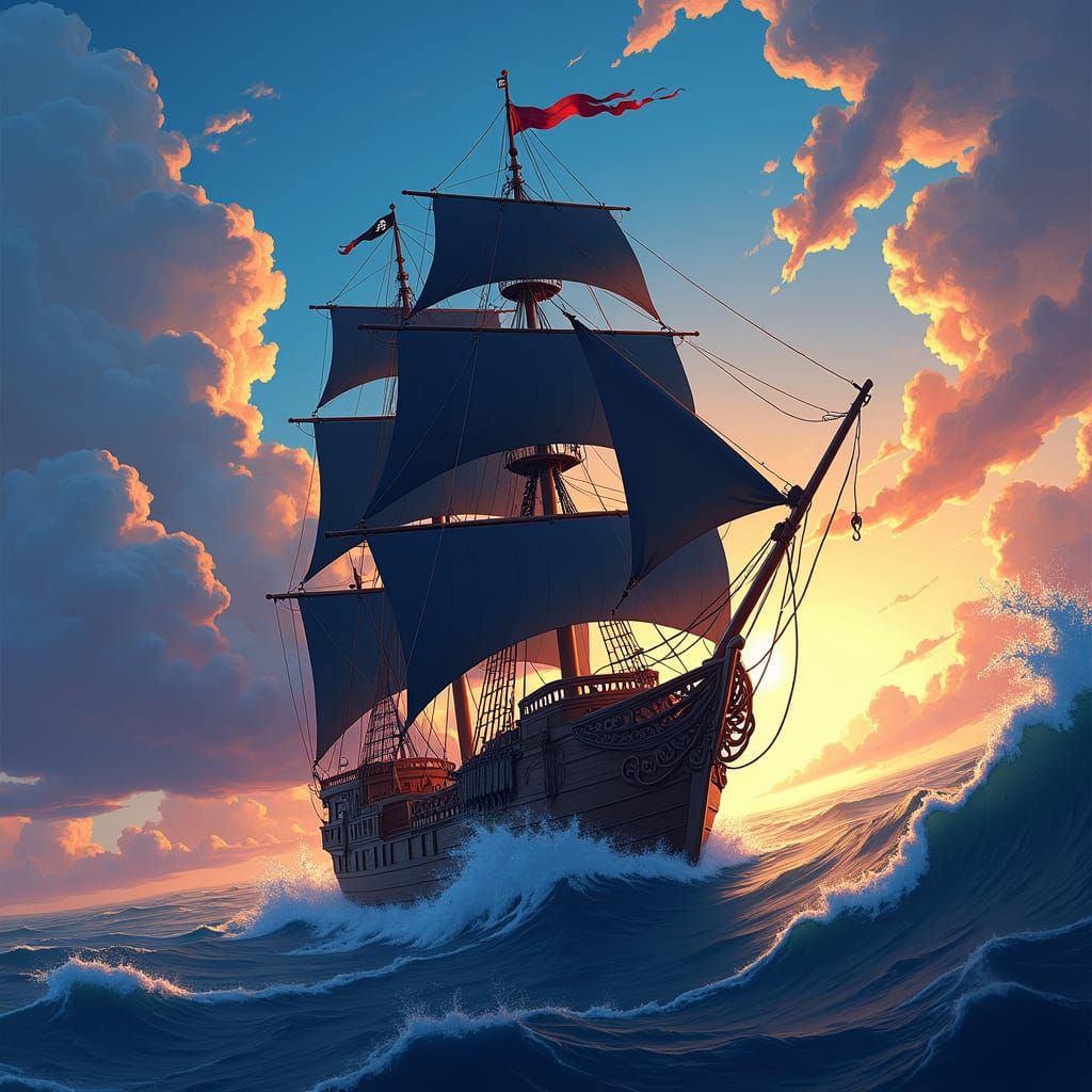 Pirate Ship Soaring in Anime Style