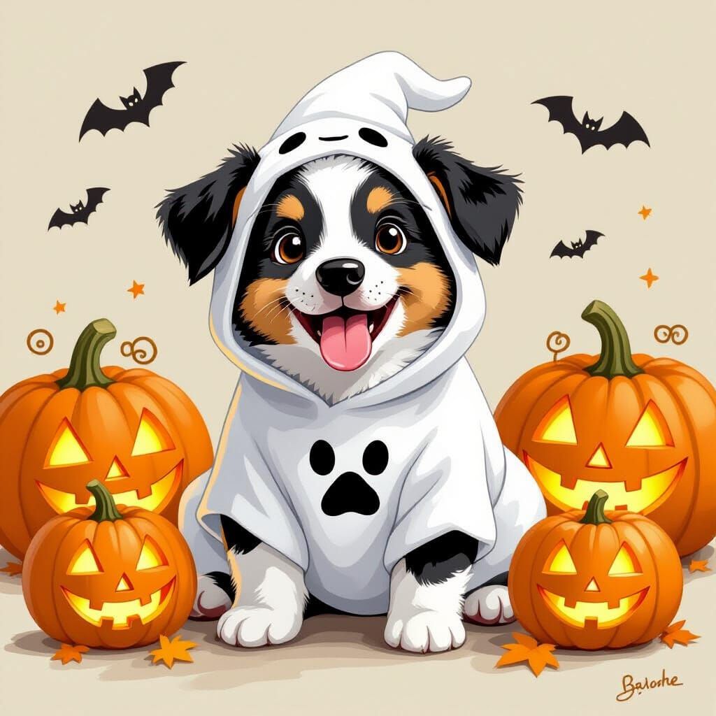 Border Collie Puppy in Ghost Costume with Pumpkins