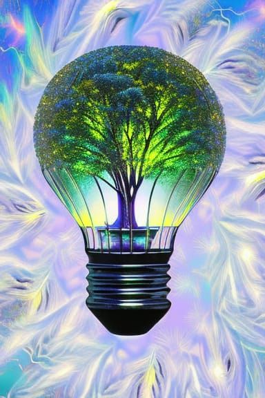 Lush Willow Tree in Light Bulb, Astral Illustration