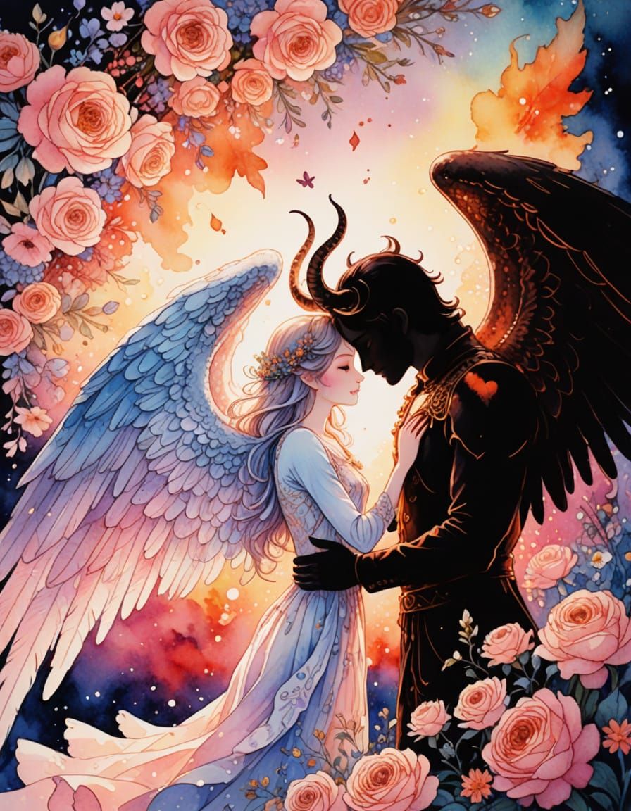 Angelic Demon Manga Watercolor Painting