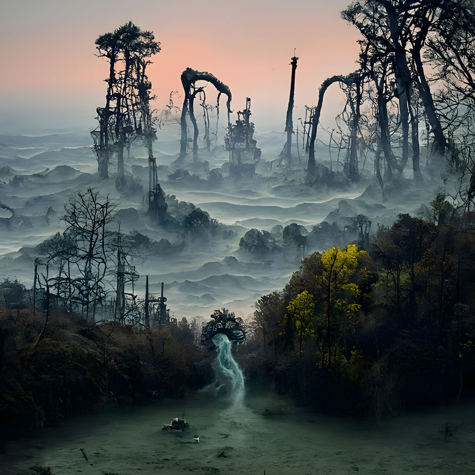 Eerie Alien Landscape with Iridescent Water